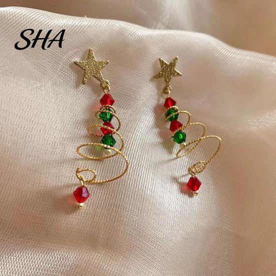 Shiny Statement Earrings 1 Pair Christmas Dangle for Women, Glitter Star Spiral Faux Red Green Crystal Beads Tree Shaped Earrings, Sparkly Festival