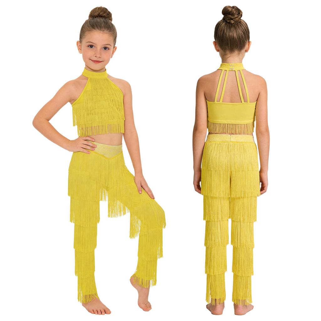 Children‘s Latin Dance Outfit Sleeveless Back Straps Crop Top Layered Tassels and Matching Elastic Waist Fringe Pants for Salsa Competition