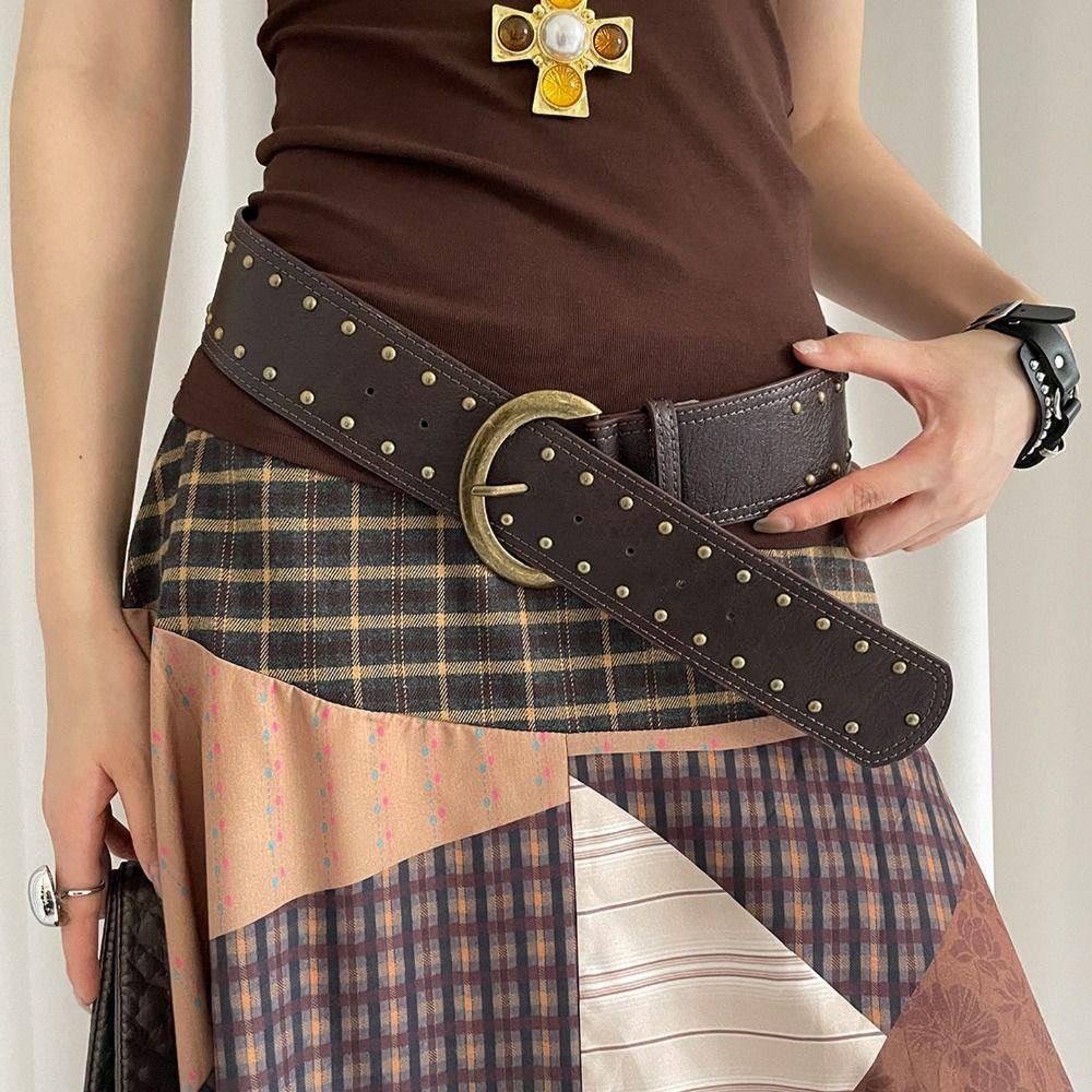 Suede Leather Waistband Rivet Western Cowboy Belt Adjustable Women Wide Belt Pants Accessories