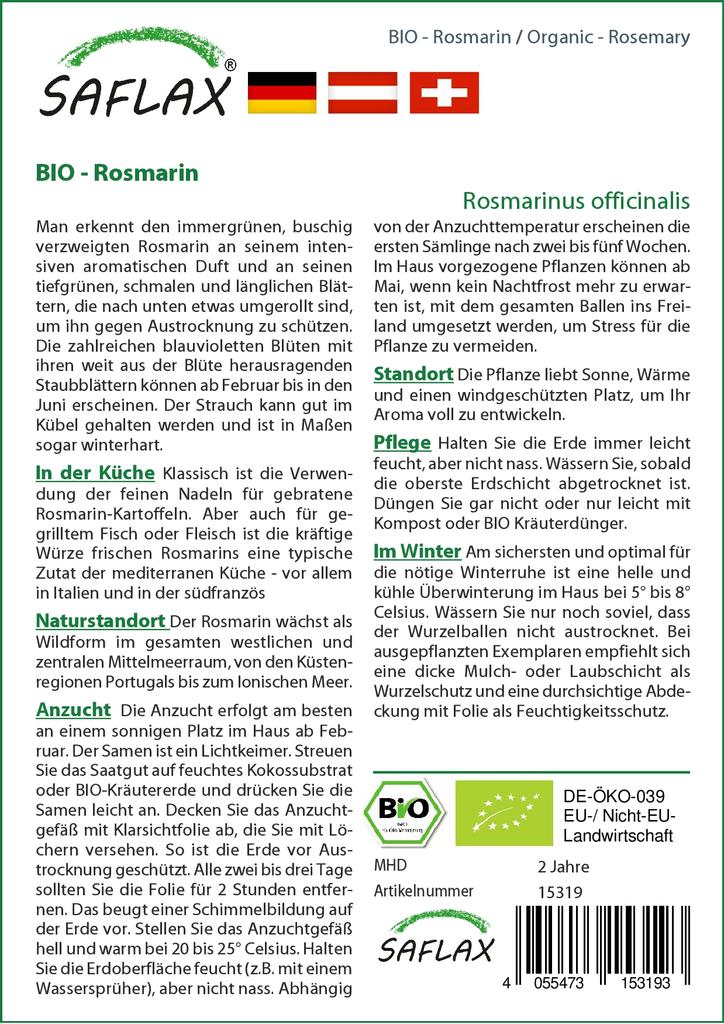SAFLAX Garden in the Bag - Органический - Розмарин - 40 семян - С субстратом в удобном стоячем пакете - Rosmarinus officinalis