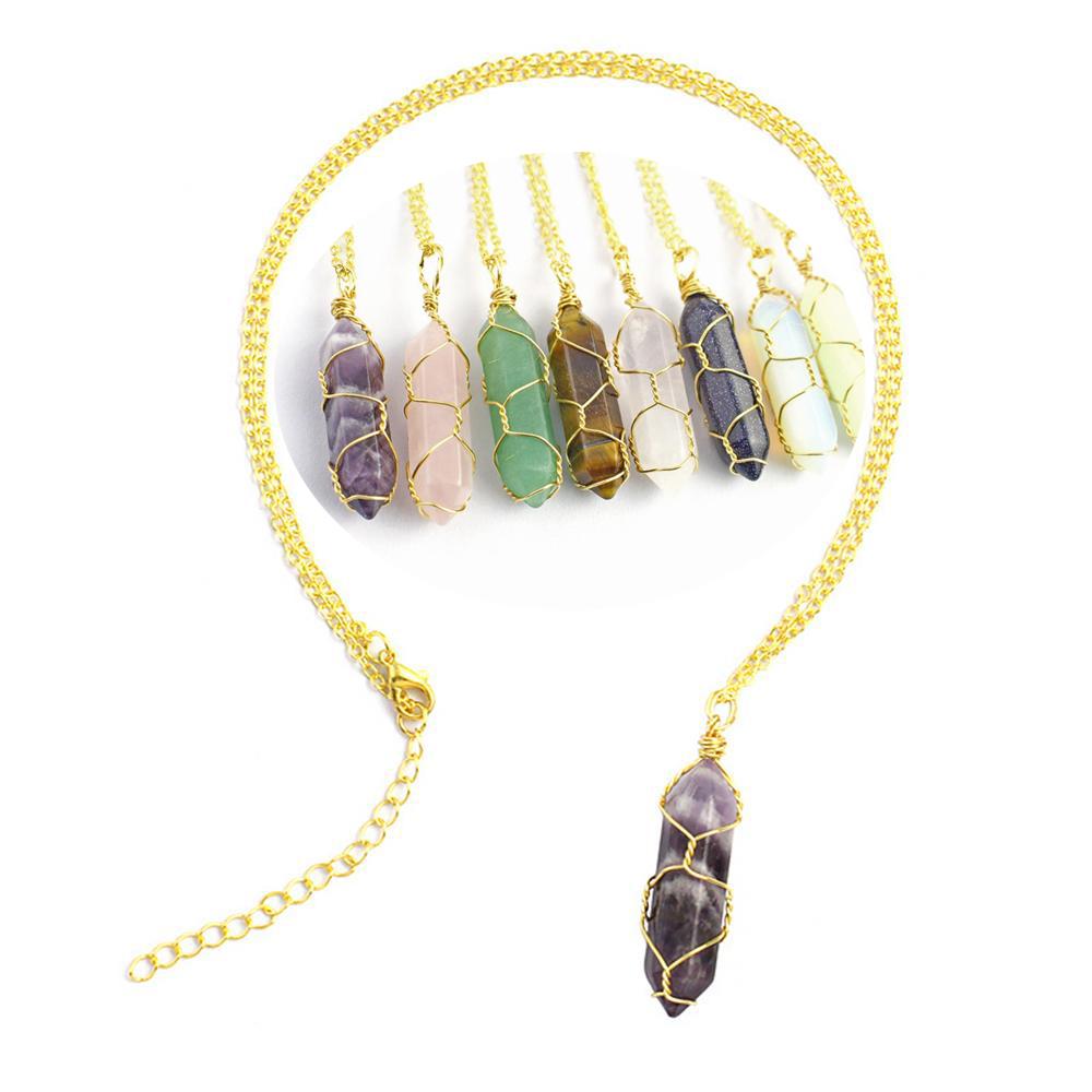 Blue sand Wire Wrap Stone Pendant Natural Stone Rose Quartz Hexagonal Cylindrical Crystal Necklace