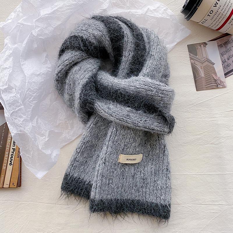 White Scarf Women's Winter New Versatile Knitted Wool with Wool Warm Scarf Men