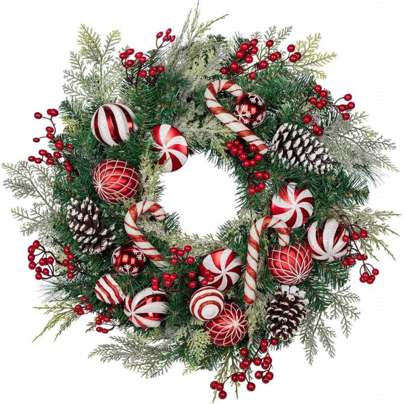 Christmas Decorations Set: LED String Lights Red Poinsettia Flowers Wreath Door Hanging Home Festive Interior