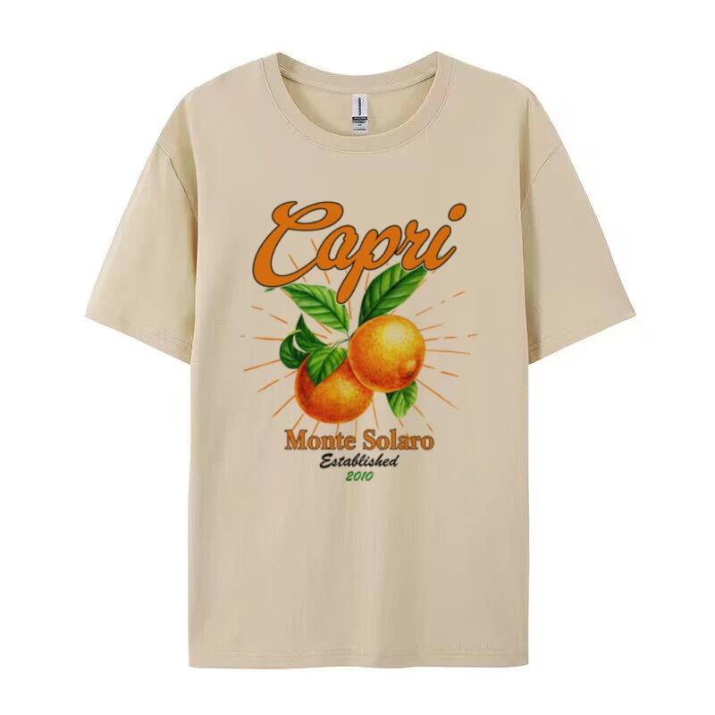 Ретро Оранжевые футболки Capri для женщин Милые футболки с фруктовым принтом Короткий рукав Свободный футболка для отпуска в Италии Винтажные эстетичные топы