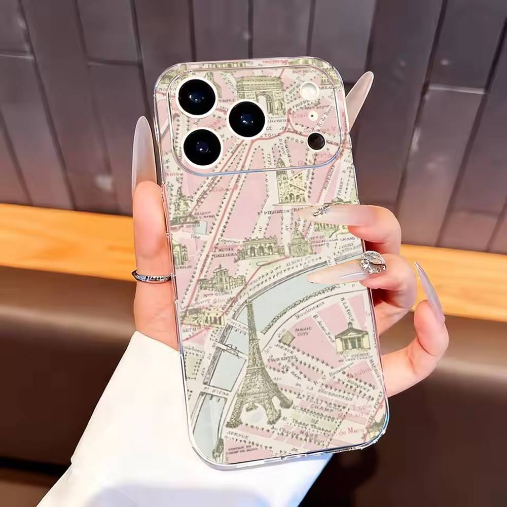 Знаменитый Городской Эскиз Карта Города Чехол для Телефона Для iPhone17,16,15,14,13,12,11 Plus,Pro Max Мягкий Прозрачный Чехол