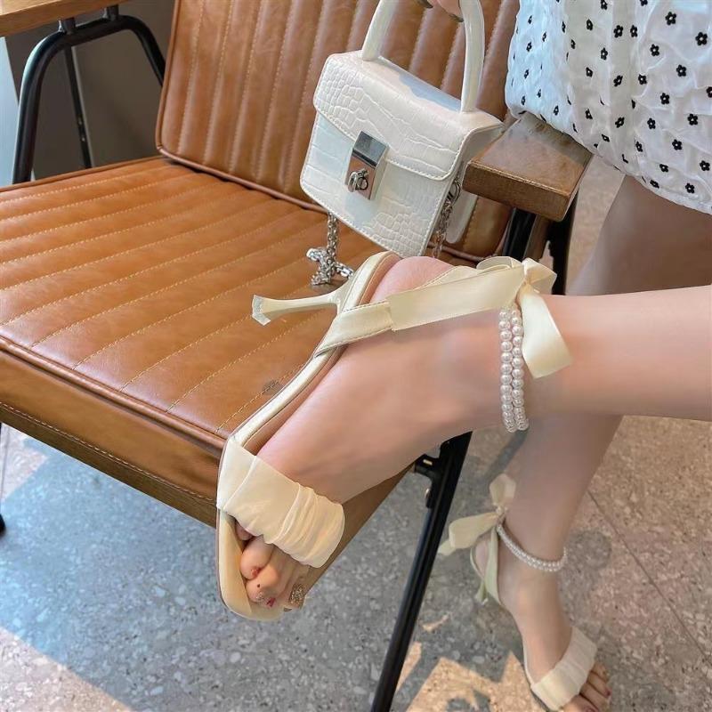 Fashion Sandals Women's 2024 Summer New Thin Heel Pearl Bow French Square Head High Heels