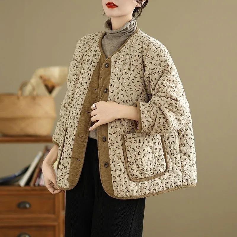 Coat for Women Winter Floral Collarless Thermal Plus Size Thickened Casual Oversize Double Layer Jacket