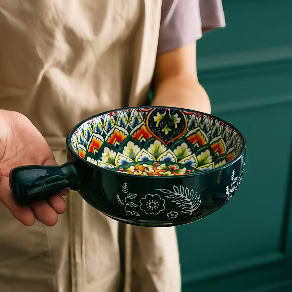 Салатник с ручкой, рельефный узор, ручная роспись, миска для пасты, кухонная посуда для выпечки, подходит для использования в духовке и микроволновой печи
