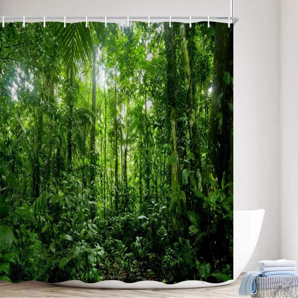 Tropical Rainforest Shower Curtains Forest Plants Rustic Nature Scenery Bath Curtain Garden Wall Hanging Bathroom Decor Hooks