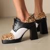 Plus Size Glitter Patchwork PU Lace Up High Heels Square Toe Waterproof Platform Ultra-High Thick Heel Breathable Women's Pumps
