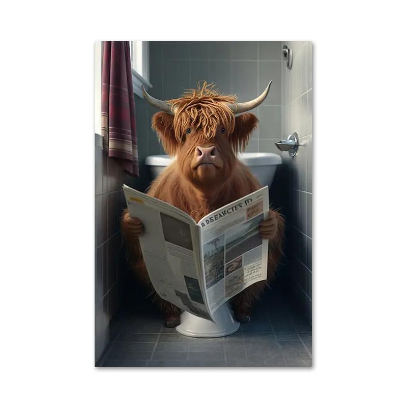 Смешная ванная комната юмористическое животное медведь собака тигр сидит на унитазе читает газету холст картины постеры и принты настенное искусство