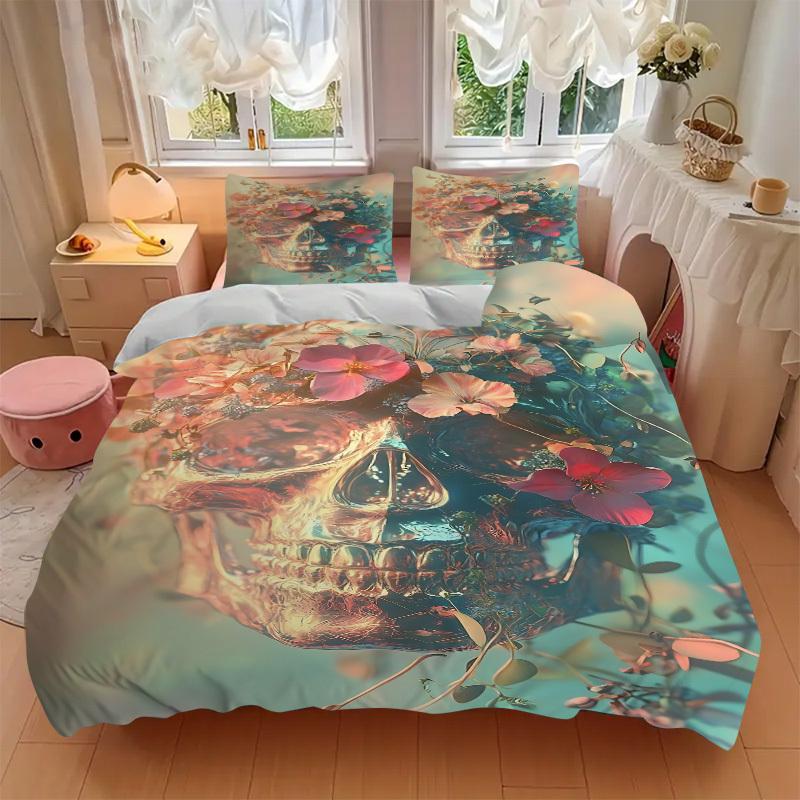 3pcs Floral Skull Duvet Cover Set - Machine Washable, Includes 1 Cover and 2 Pillowcases, No Core Included yy251013099