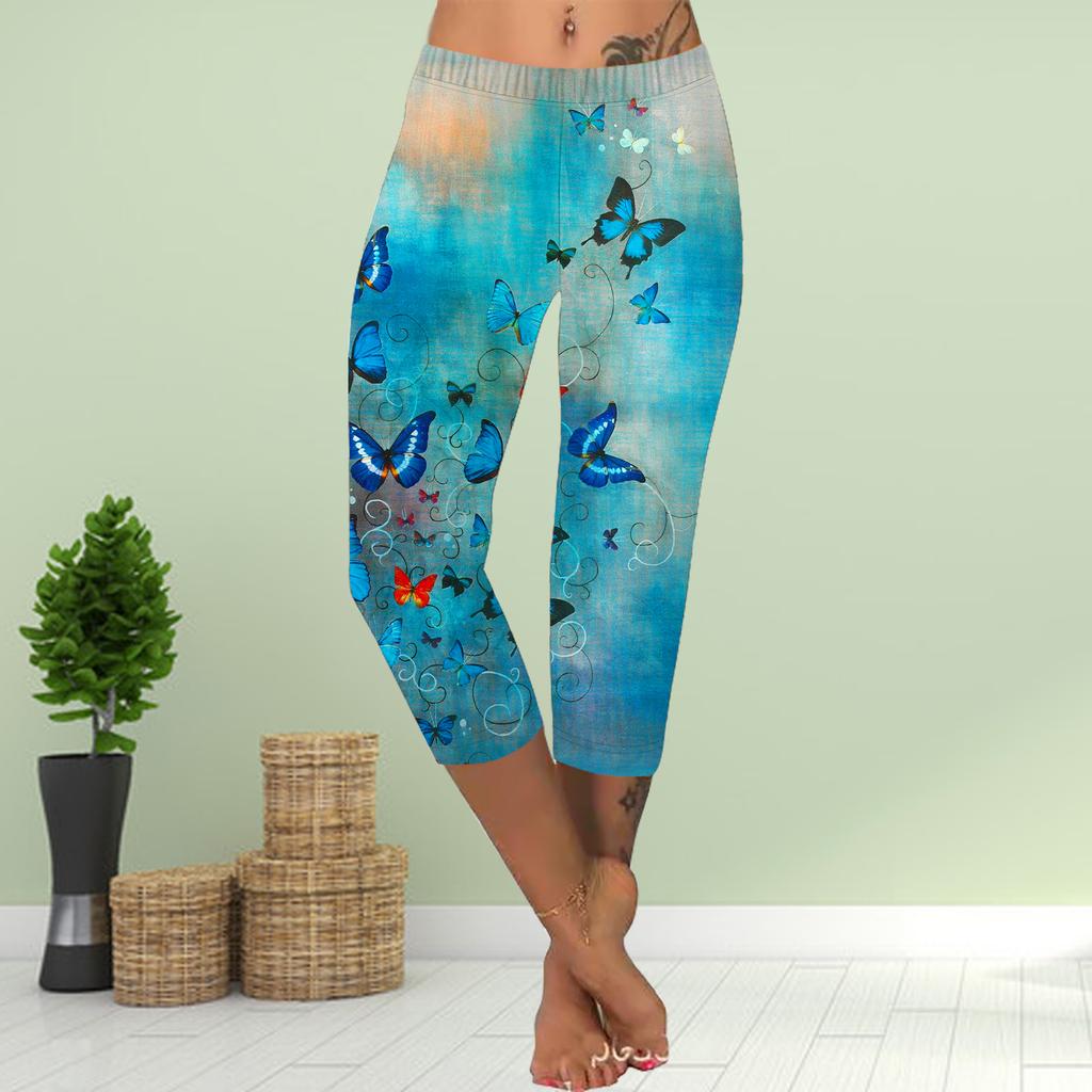 Брюки летние короткие леггинсы укороченные узкие брюки леггинсы больших размеров женские облегающие брюки с принтом 3D желтые подсолнухи и бабочки