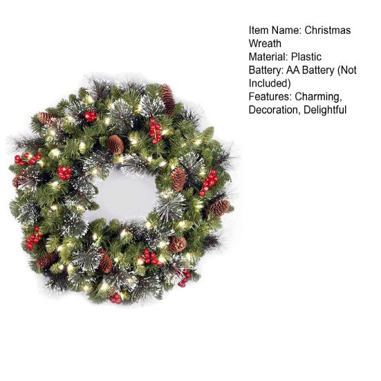 Christmas Wreath with Light Frosted Artificial Wreath with Berries And Pine Cones for Front Door Window Wall Indoor Outdoor Holiday Decoration