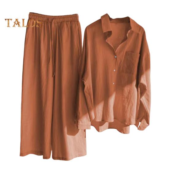 2 шт./компл., женская рубашка больших размеров, комплект брюк, сплошной цвет, блузка с воротником с лацканами и длинными рукавами, высокая талия, свободные широкие брюки, комплект, повседневная одежда для поездок на работу