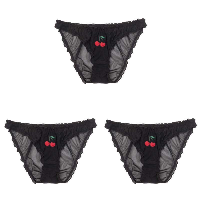 3PCS/Set Women Sexy Lace Lingerie Temptation Low-waist Panties Fruit Ins Embroidery Transparent Briefs Seamless Sweet Underwear