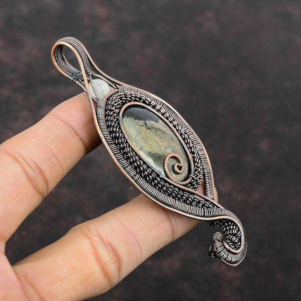 Пирит Медный кулон с проволочной обмоткой, медная проволочная обмотка, ювелирные изделия, радужная подвеска с лунным камнем, подарок для него, ювелирные изделия из пирита ручной работы