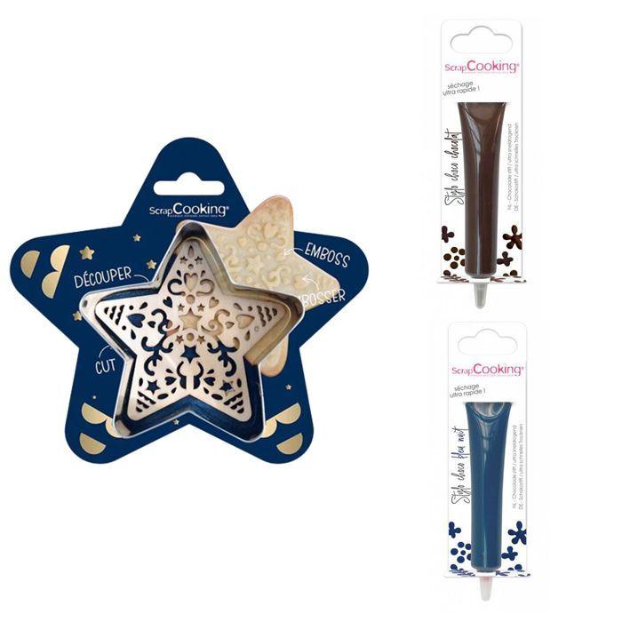 Kit pour biscuit en relief Étoile + 2 Stylos au chocolat marron et bleu nuit
