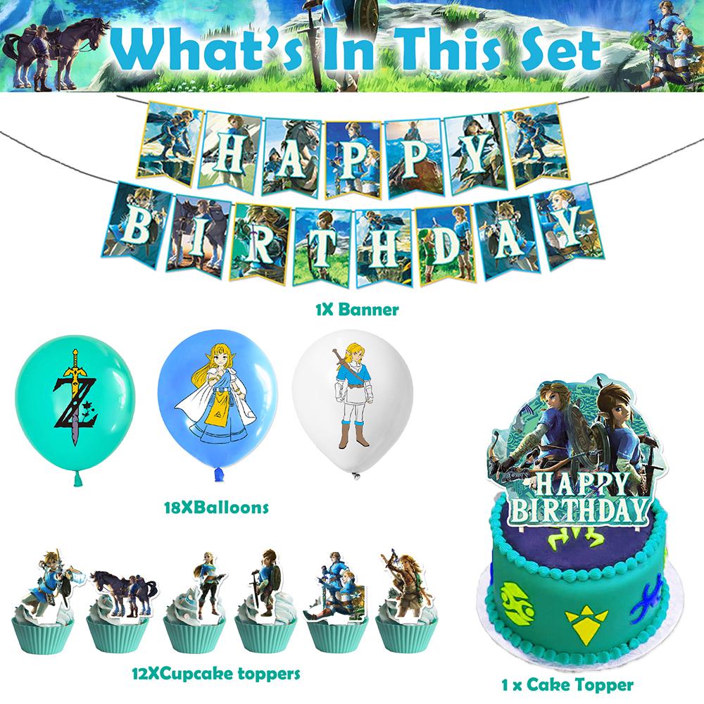 32pcs Zelda's Birthday Party Supplies Include Banners, Balloons, Cake Toppers