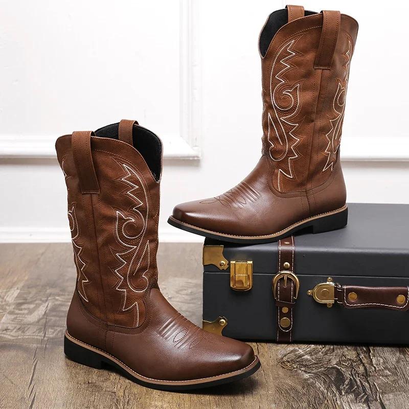 Сапоги до середины голени, мужские, черные, коричневые, ковбойские, кожаные, ручная работа, мужские, новинка 2025 года, панк, мужские, женские, унисекс, сапоги для верховой езды