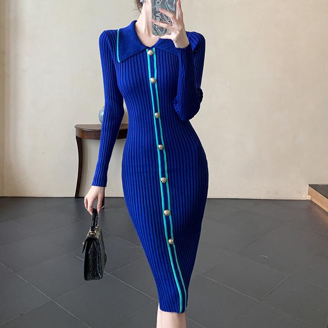 Autumn Winter Women Knitted Dresses 2024 Vintage Patchwork Striped Long Sleeve Bodycon Sexy Chic Long Dress