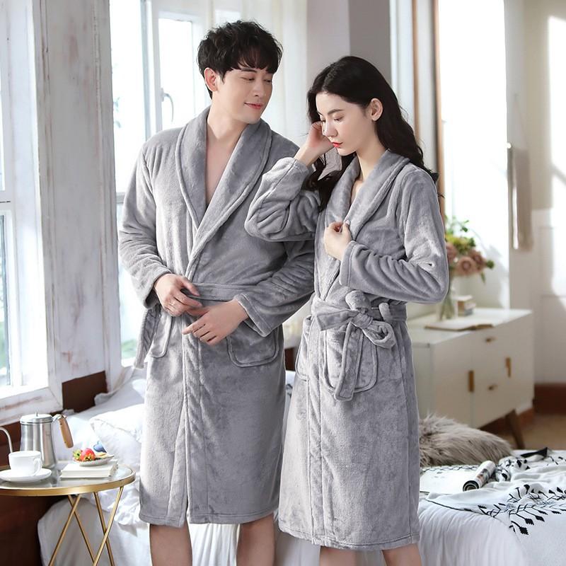 Couples Flannel Robe Long Sleeve Thick Coral Fleece Bathrobe Home Pajamas Comfort