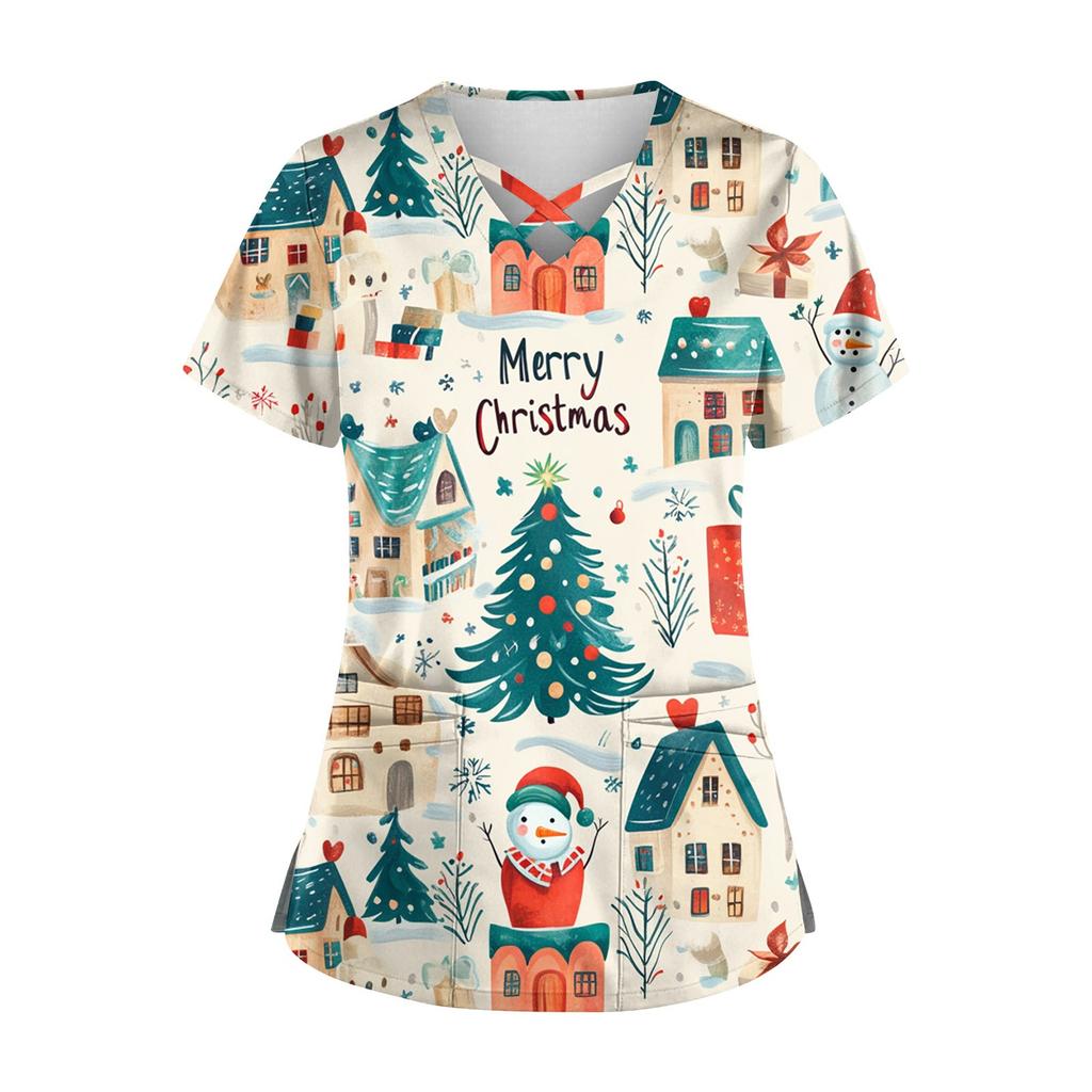 Women's Short Sleeve Stagger V Neck Christmas Print Pocket Dry-nurse Top