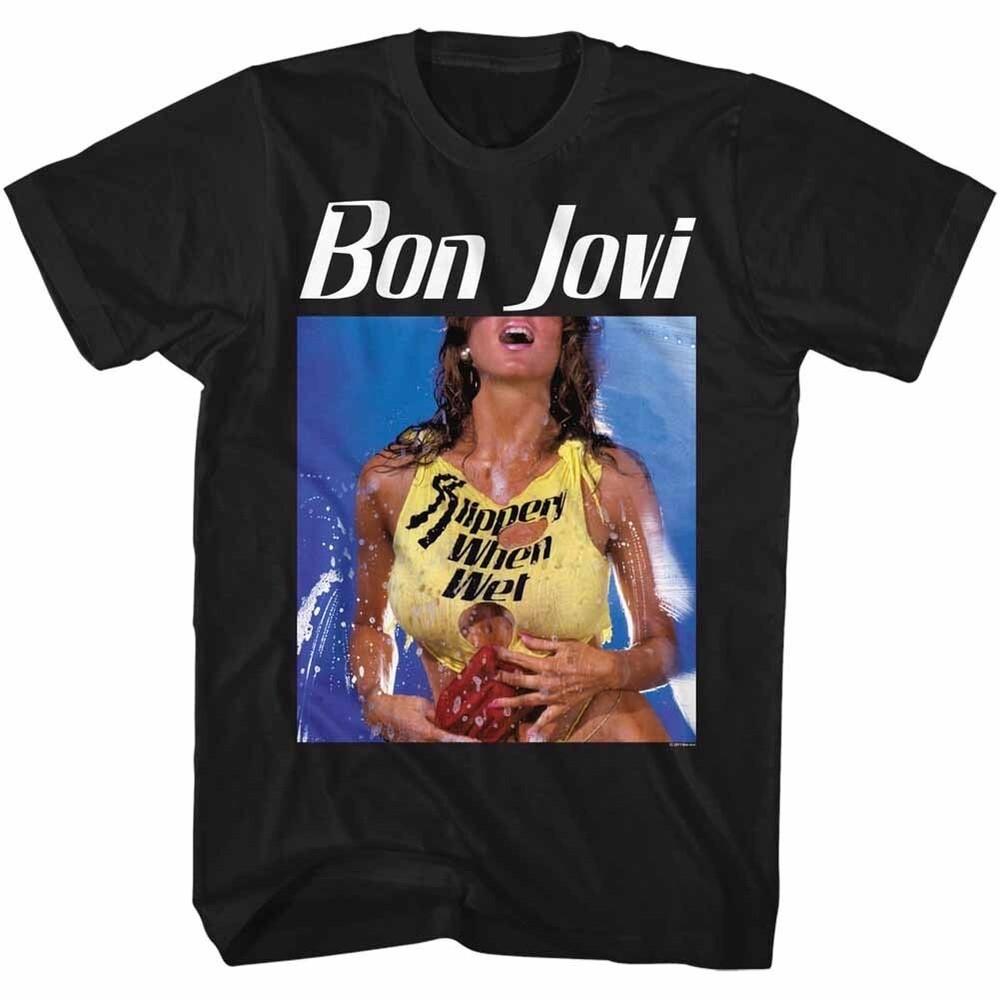 Bon Jovi SLIPPERY WHEN WET Adult T-Shirt 80039;s Rock Music Band Black Cotton Unisex T-Shirt