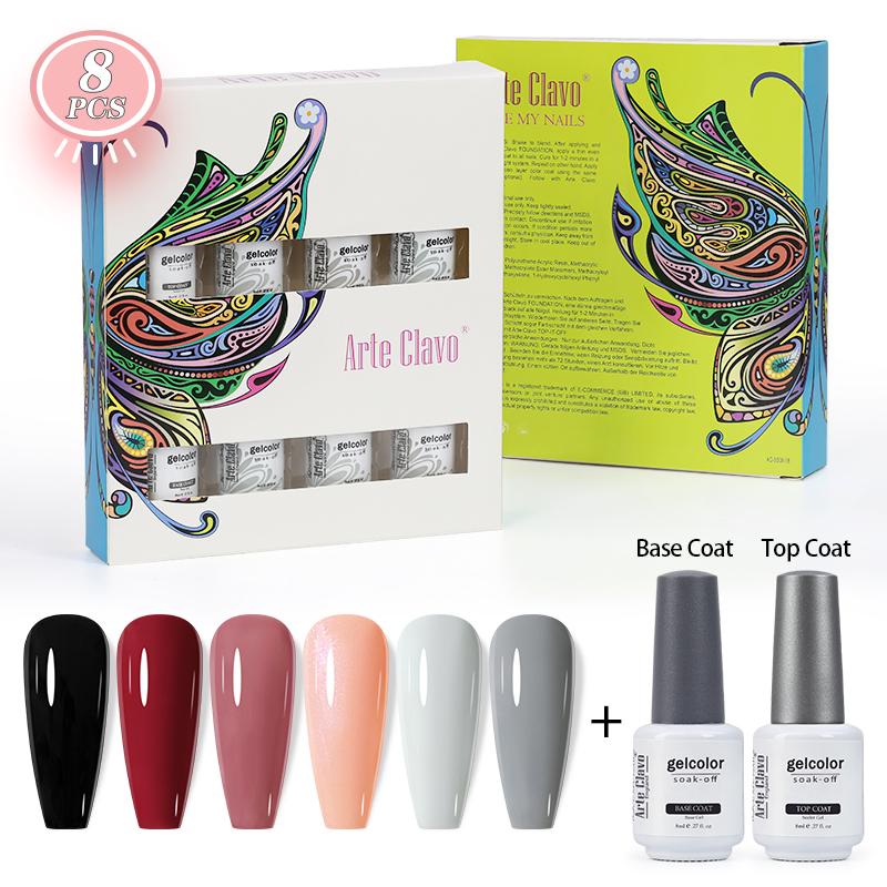 Arte Clavo 8 бутылок/набор, высококачественный блестящий гель-лак для ногтей для маникюра, гель-лак для дизайна ногтей, верхнее базовое покрытие, лак