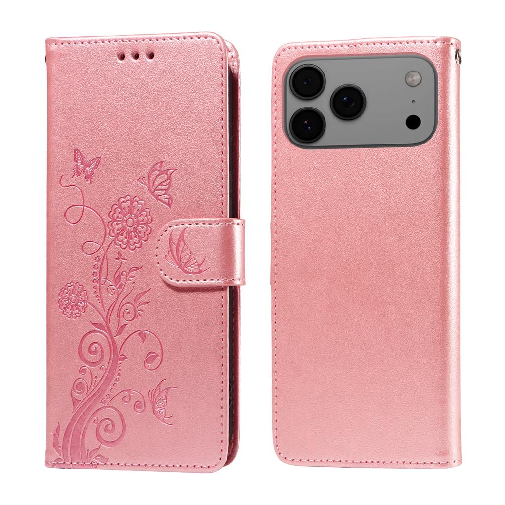 Кожаный чехол для iPhone 17 Pro Max с тиснением «Бабочка и цветы», чехол-кошелек с подставкой