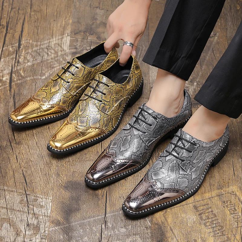 High-heel Luxury Man Golden Shoes Size 39-48 Fashion Snake Print Dress Shoes Men Pointed Toe Glitter Leather Party Shoes for Men