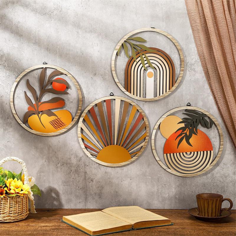 4Pcs Wooden Wall Bohemian Wall Art Farmhouse Bohemian Country Yard Decoration Round Shape Wall Hanging Decor