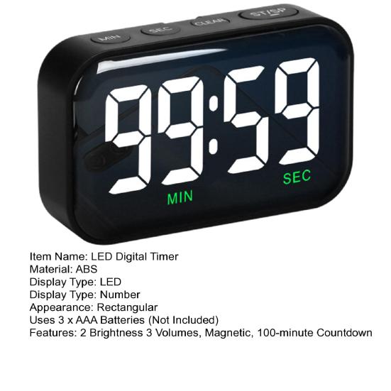Кухонный таймер, цифровой светодиодный дисплей, 2 яркости, 3 объема, магнитный таймер обратного отсчета на 100 минут для приготовления пищи в классе