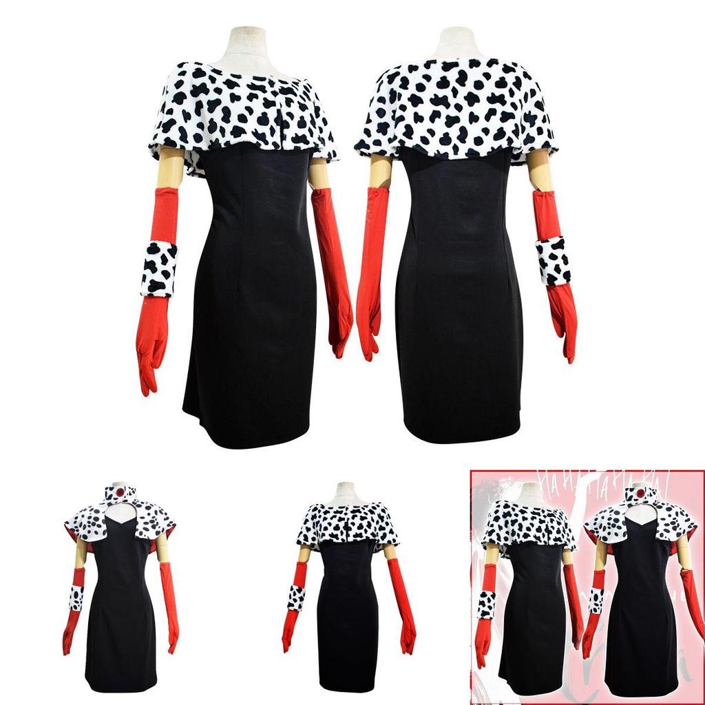 Элегантный и модный женский костюм для косплея злодейки Круэллы Де Виль, полный комплект для Хэллоуина