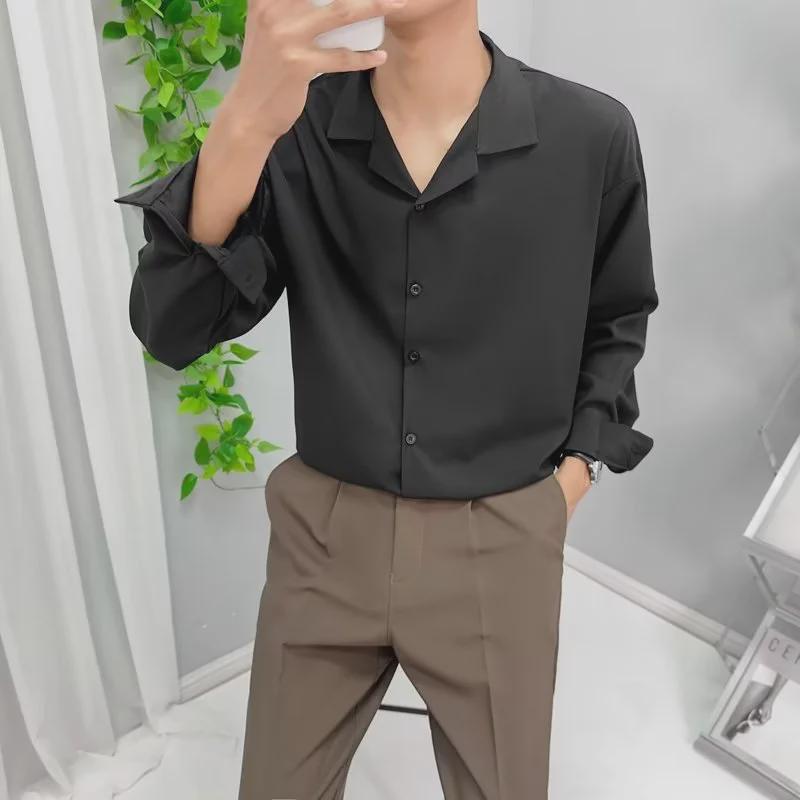 Мужская модная рубашка с длинными рукавами и кубинским воротником из ледяного шелка — свободная, повседневная, стильная для весны и осени