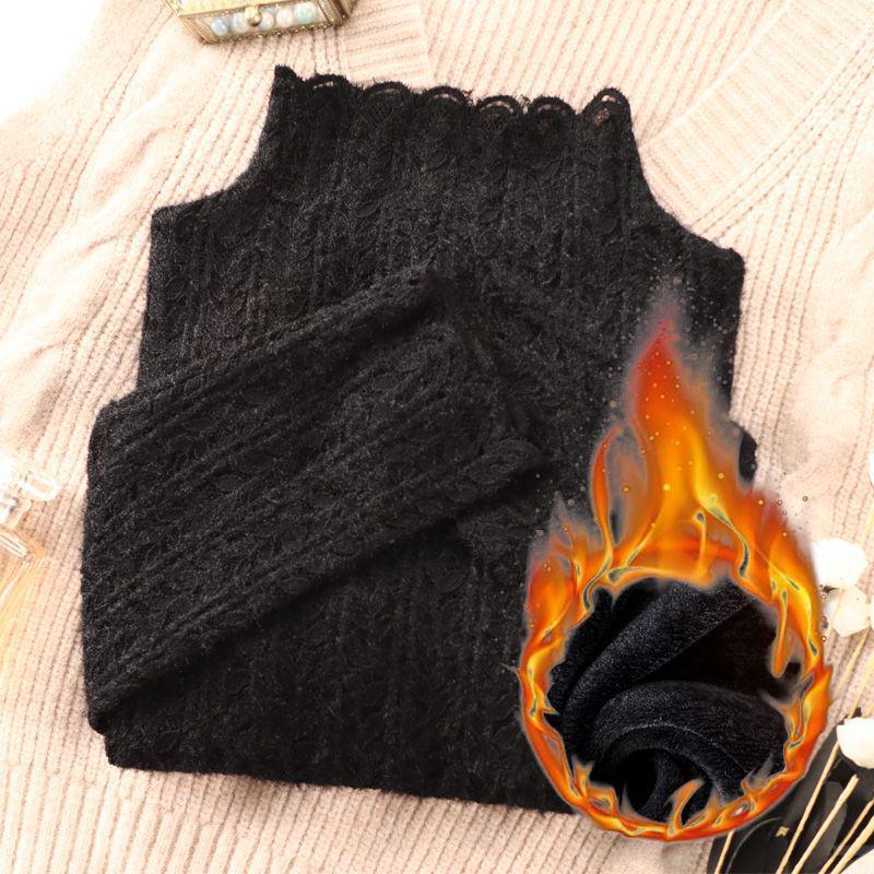 Топ из сетки с высоким воротником и кружевом с начесом для женщин - Модный осенне-зимний слой