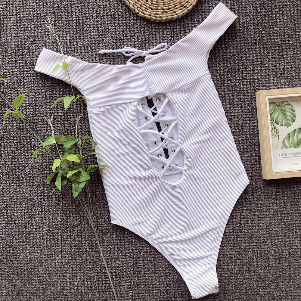 Белый цельный купальник в рубчик с открытыми плечами, женский купальник на шнуровке, женский купальный костюм с вырезом сзади, монокини для плавания