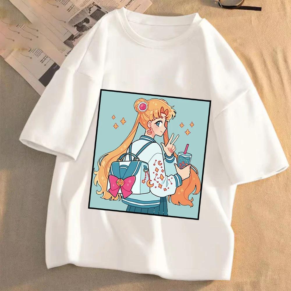 Женская аниме-футболка Sailor Moon, летняя, повседневная, с мультяшным принтом, милая, с круглым вырезом, одежда с коротким рукавом, модные топы, подарок