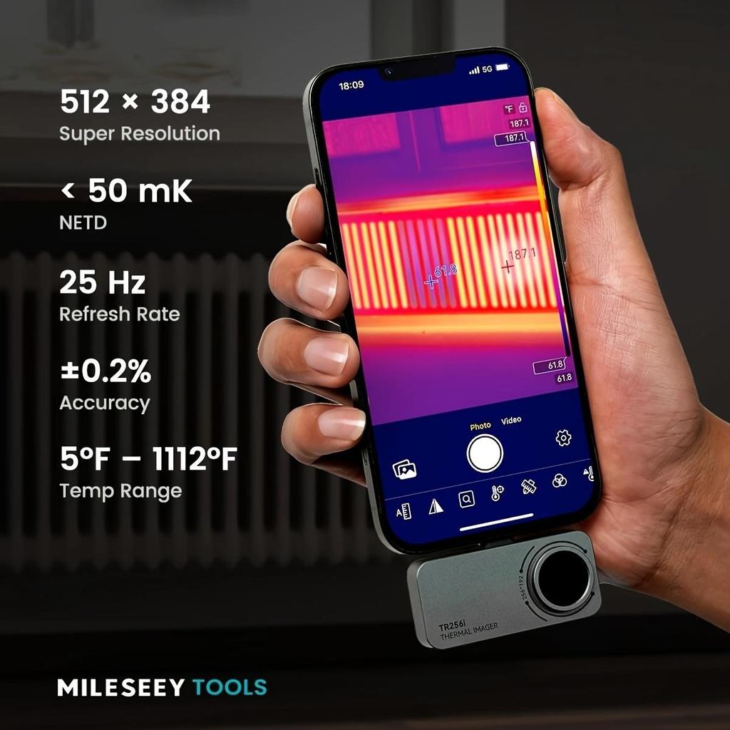 Mileseey Тепловизионная камера TR256i для iOS (iPhone 15 и новее с USB-C), Инфракрасная камера Super Resolution 512×384, Тепловизор для iPad