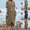 2025 Новое женское однотонное хлопково-льняное винтажное платье миди с коротким рукавом и круглым вырезом