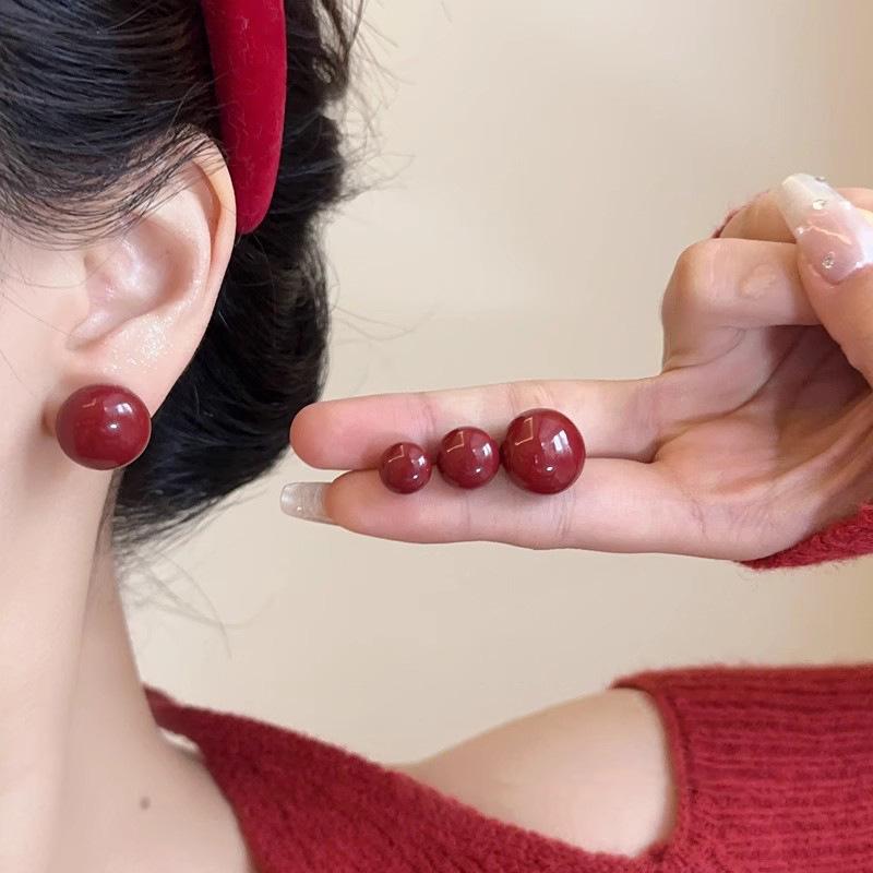 Серьги-пусеты из стерлингового серебра S925 с красным жемчугом-маньтоу - Ретро-стиль Гонконга, Элегантные, Высококачественные модные аксессуары для женщин