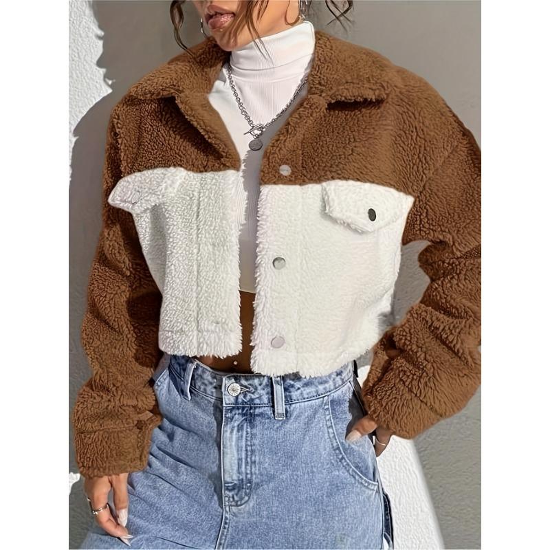 Женская флисовая куртка Color Block, укороченная, плотная, с отложным воротником, длинным рукавом, на молнии спереди