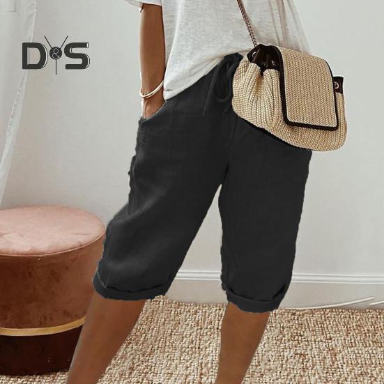 Повседневные брюки с карманами, дышащие, с эластичной резинкой на талии, однотонные, в винтажном стиле, свободные брюки до колена с завязками для женщин