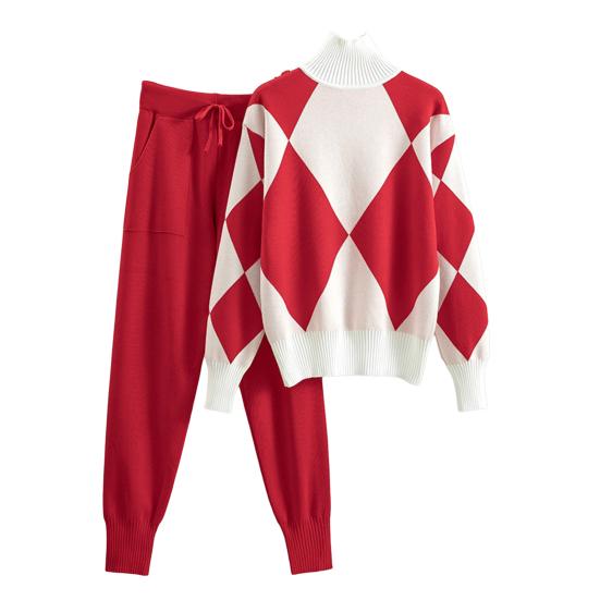 2 шт./компл. женский свитер и брюки, комплект, толстый геометрический принт, высокий воротник, защита шеи, длинный рукав