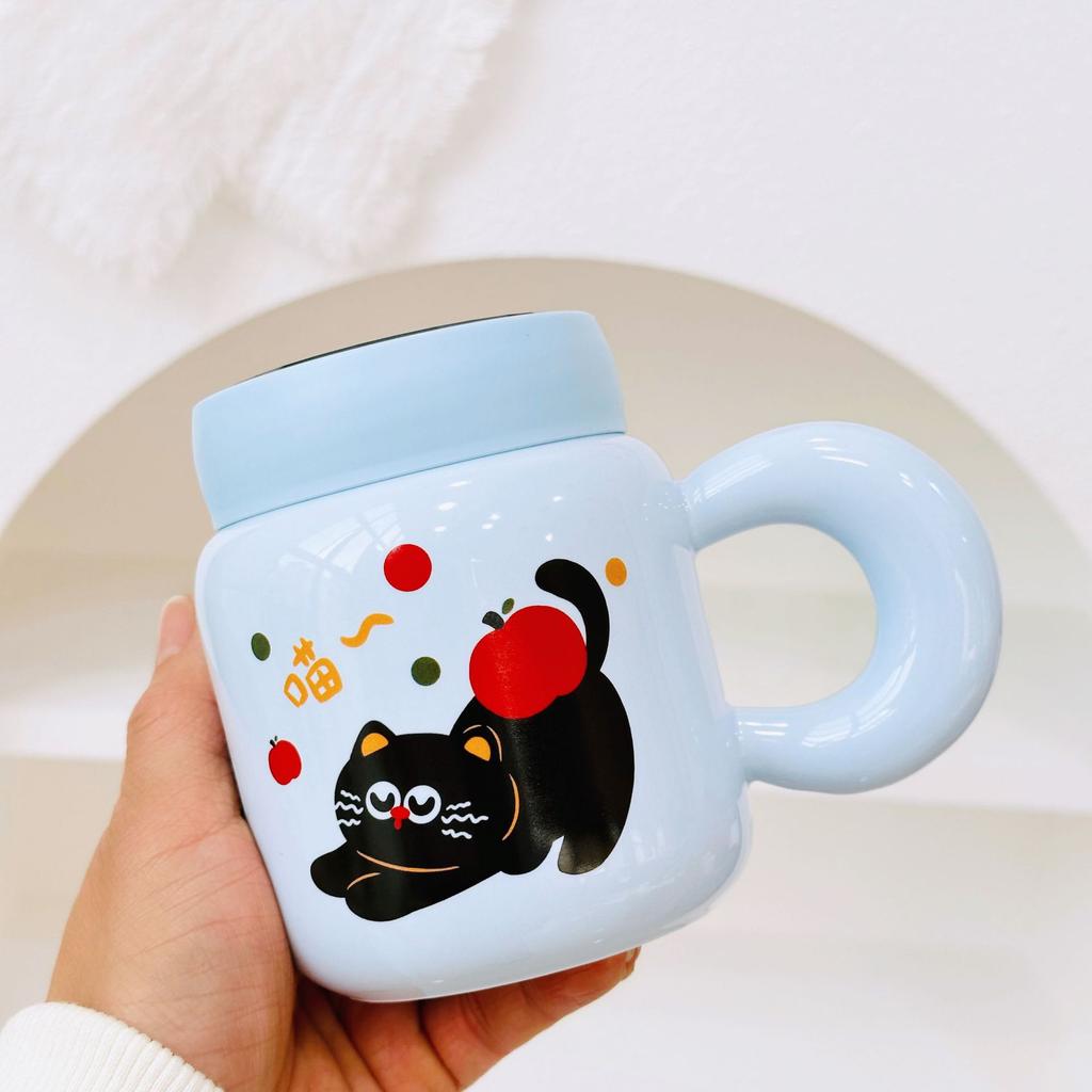 Новый День рождения Непослушный кот Водяная чашка Мультяшная керамическая кружка с крышкой ложкой Мультяшная чашка для питья Подарочный набор Подарочная коробка