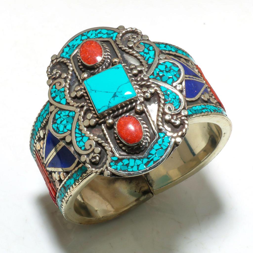 Natural Tibetan Turquoise Coral Lapis Lazuli Gemstone Handmade Cuff Bracelet Jewelry Size 7-8 Inches Nepali Tibetan Cuff Bracelet Jewelry