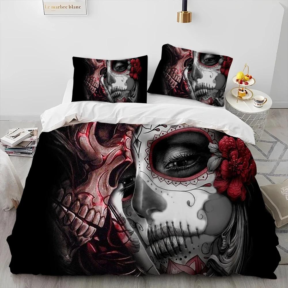 3D Horror Gothic Female Skull Dead Girl Comforter Bedding Set,Duvet Cover Bed Set Quilt Cover Pillowcase,Queen Size Bedding Set