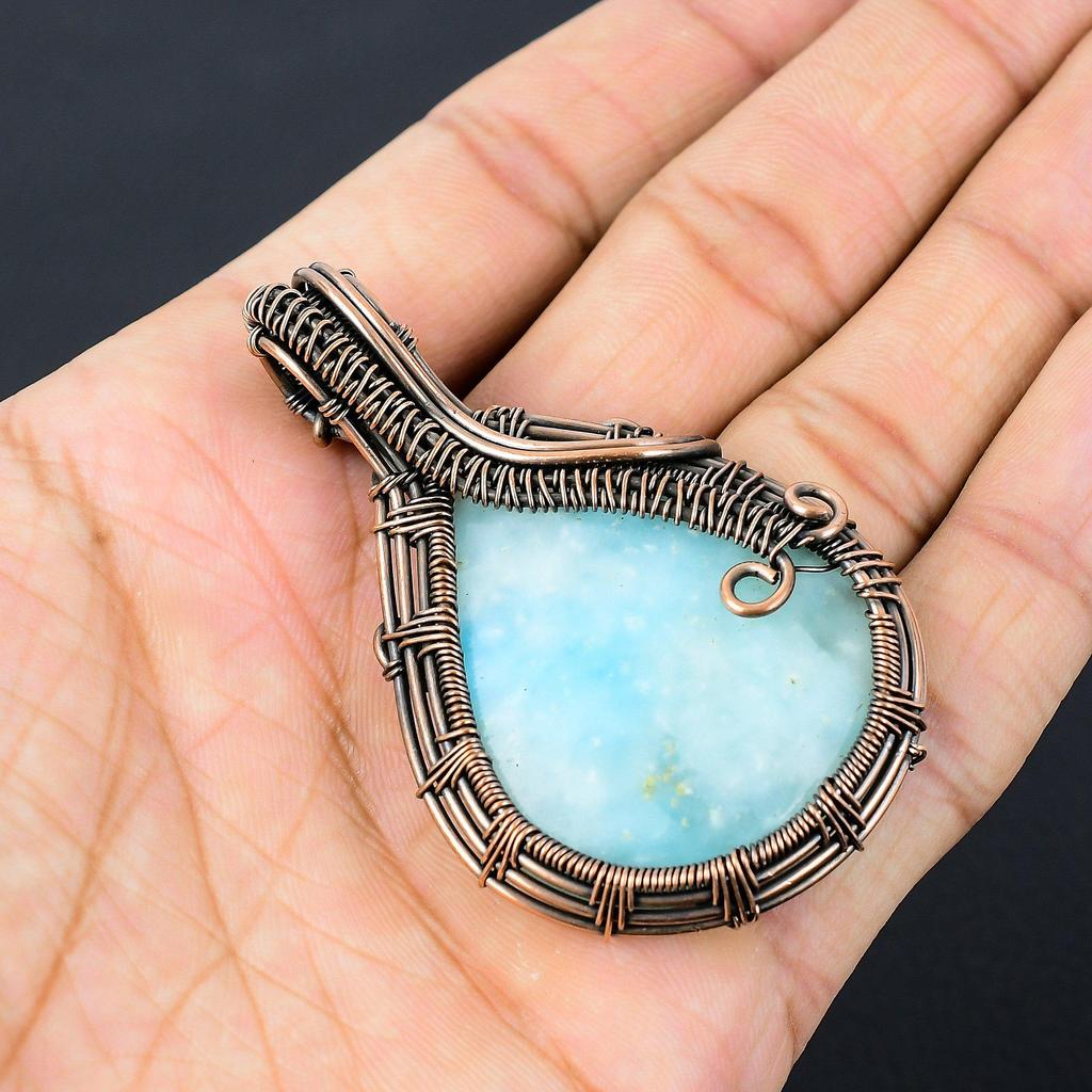 Beautiful Hemimorphite Gemstone Pure Copper Wire Wrapped Handmade Pendant Jewelry