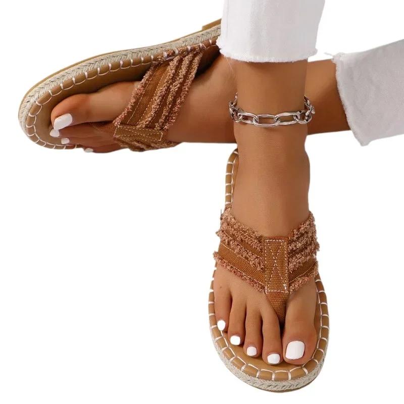 2024 Высококачественная женская обувь Новые летние модные женские туфли на плоской подошве Большие размеры Тканевые шлепанцы Однотонные женские тапочки