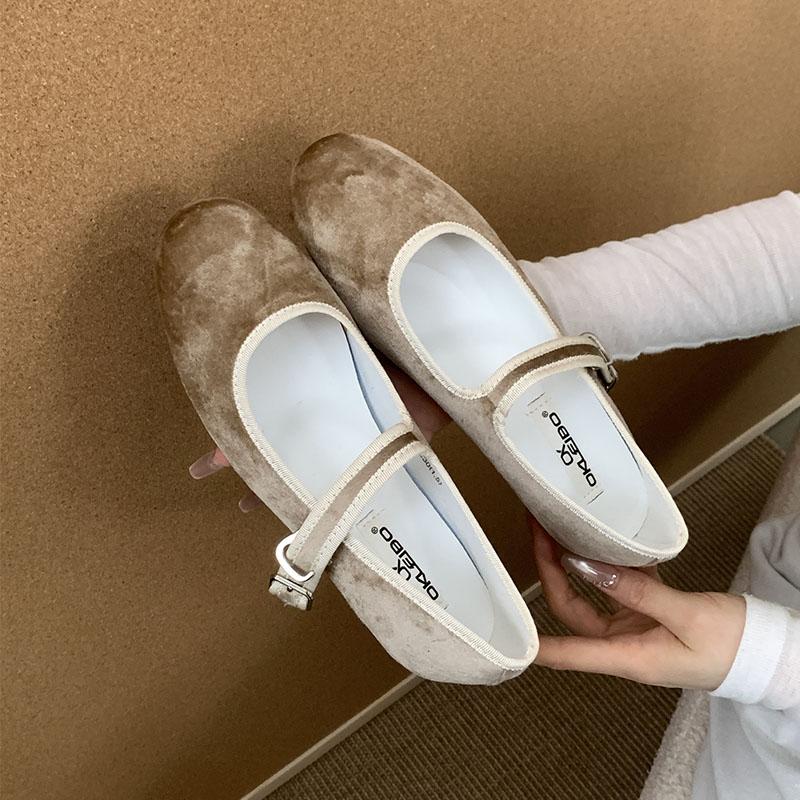 Fashion Soft Fashion Flock Women Flats Mary Janes Lolita Shoes Round Toe Female Buckle Strap Footwear Shallow Ladies Ballet Flats Shoes